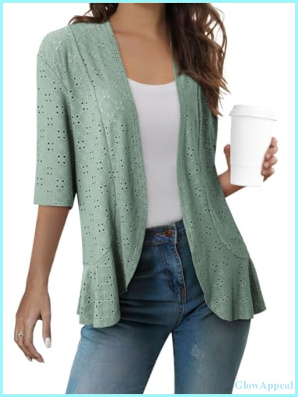 Women's Lightweight Netted Knit Cardigan - Half Sleeve Ruffle Cover Up